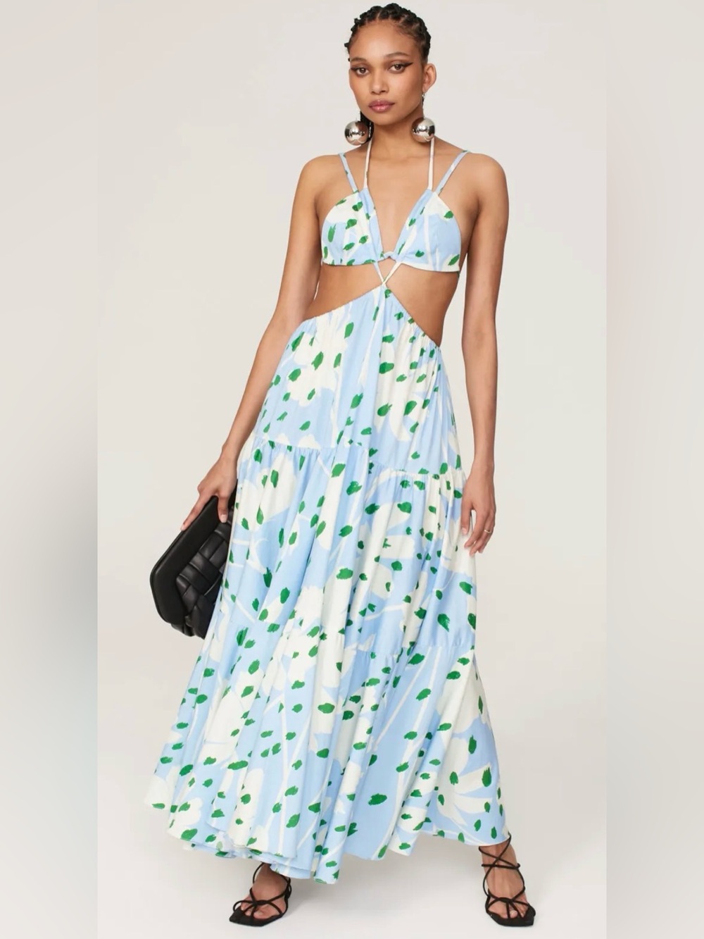 Monse Floral Bra Detail Open Back Strappy Tiered Maxi Dress Blue Sz 6/S $1690